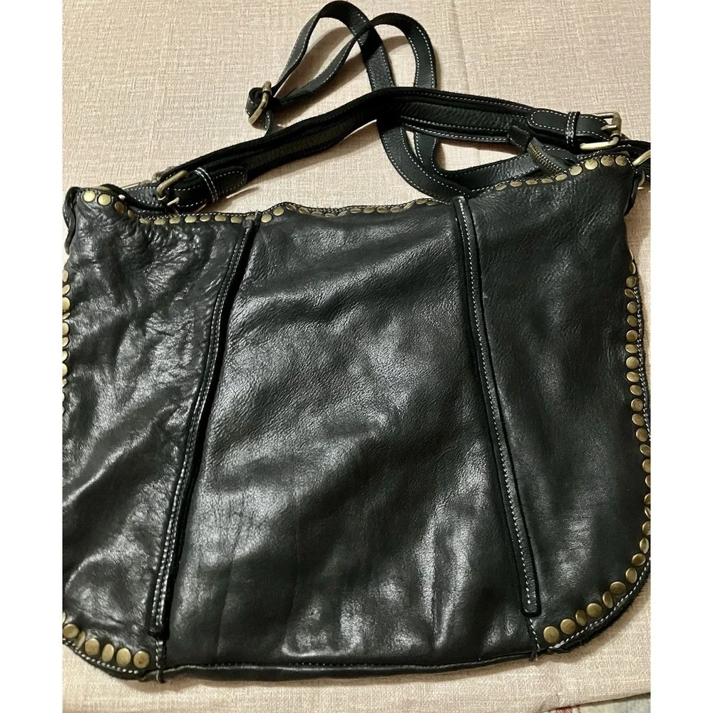 Bolsa Nova Anna Hobo Italian Black Washed Supple Leather Studded Shoulder Bag